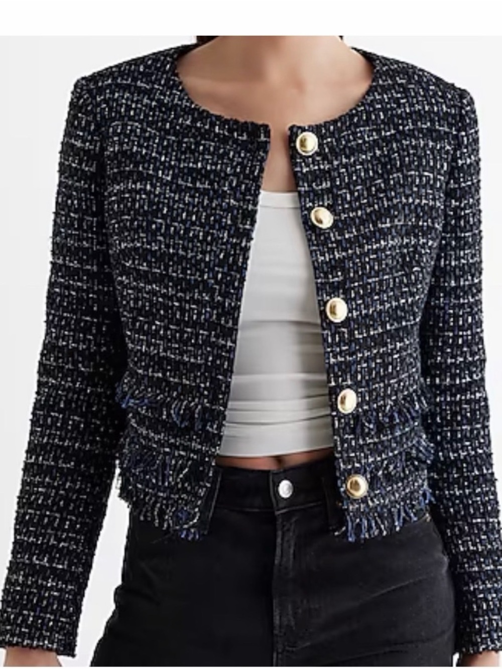 Express Navy Tweed Button-Front Blazer with Gold Buttons